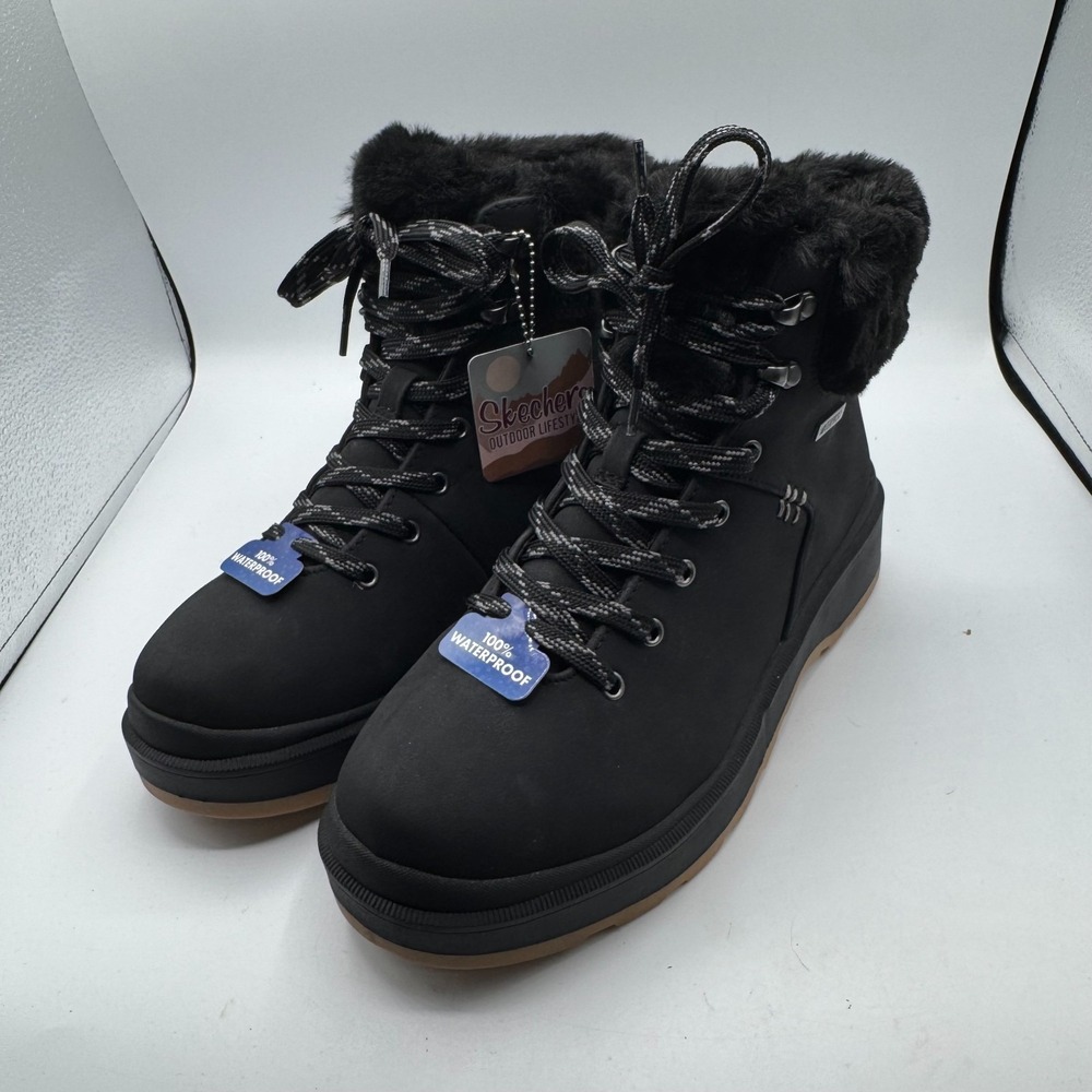 Skechers Women 9 Black Waterproof Winter Boots Faux Fur Lace Up Snow NWT